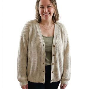 BETABRAND Oversized Chunky Ribbed Khaki Button Down Cardigan Grannycore XL